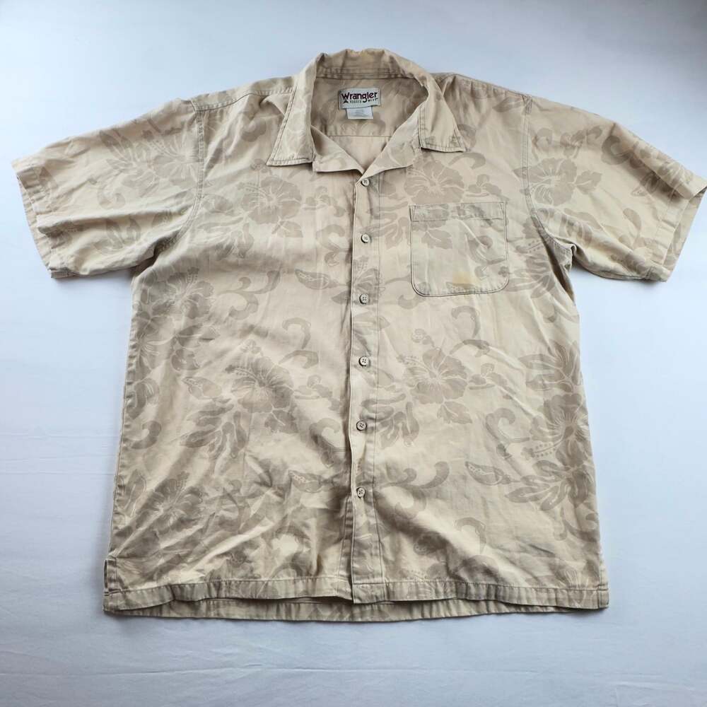 Wrangler Rugged Wear Beige Floral Hawaiian Shor Sleeve Button Down Shirt Men XLT